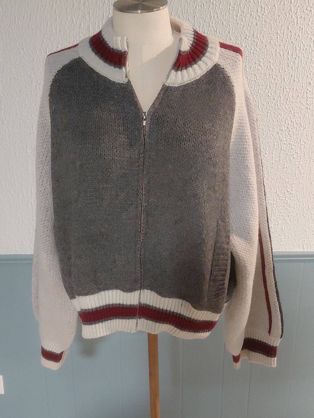 emory park Gray and Cream Zip-Up Sweater with Burgundy Stripes